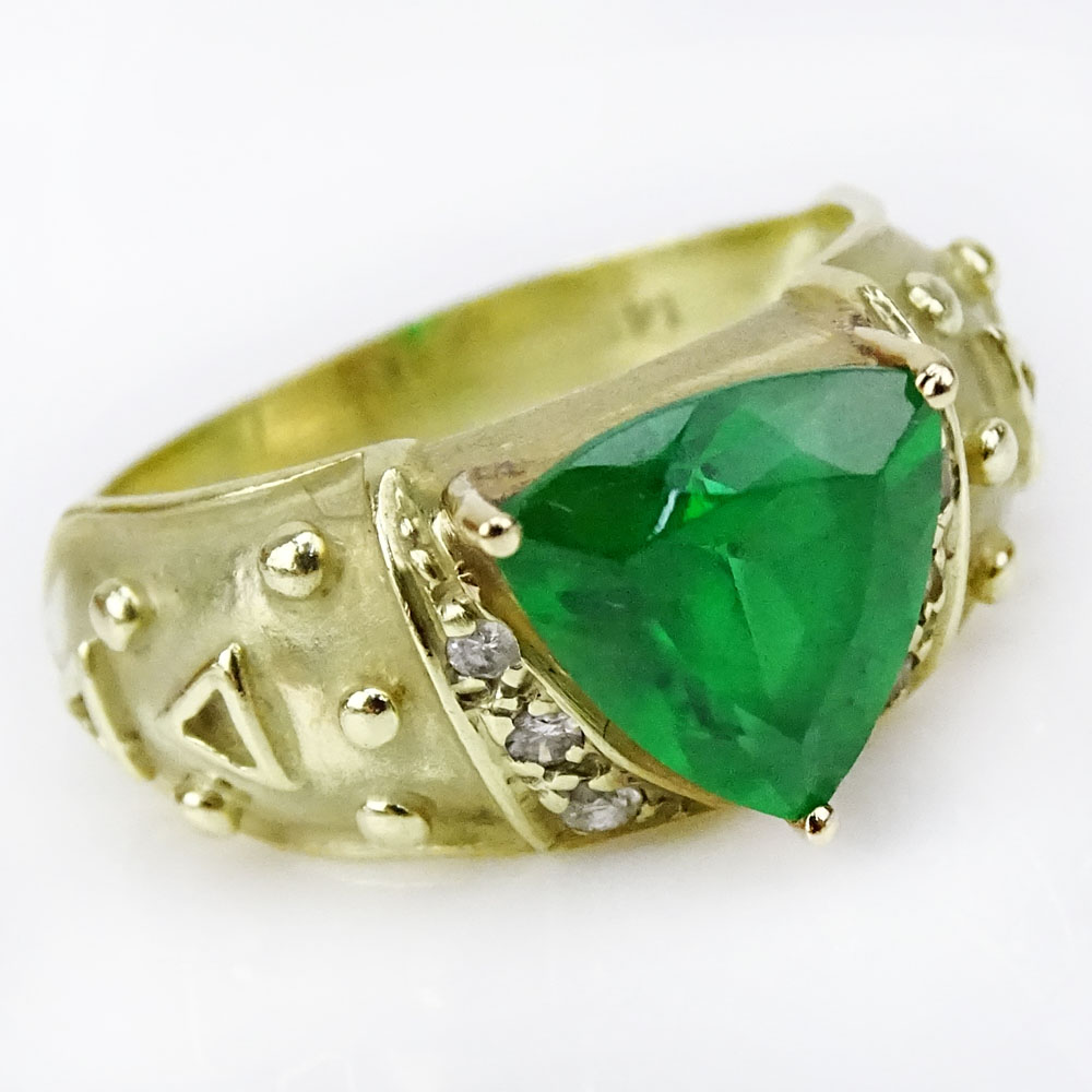 Synthetic Emerald and 14 Karat Yellow Gold Ring with Small Diamond Accents