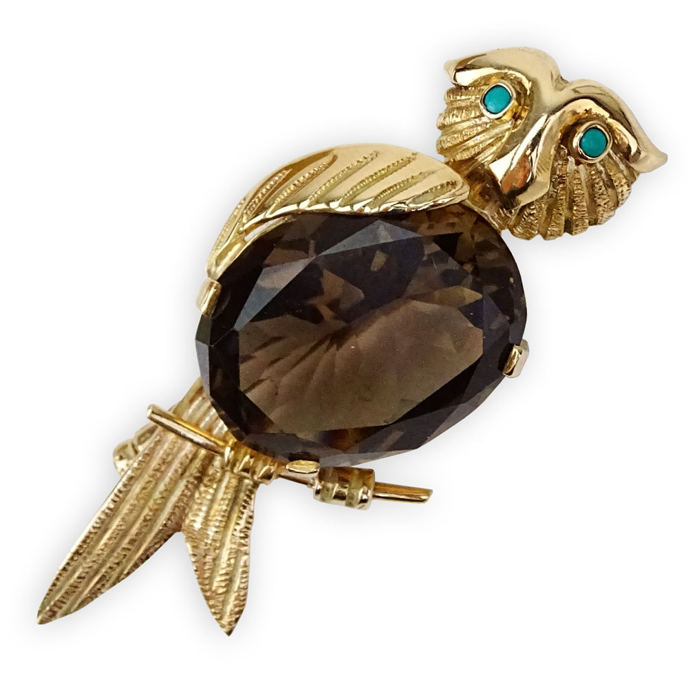 Vintage Oval Cut Smoky Quartz and 14 Karat Yellow Gold Owl Brooch with Turquoise Eyes