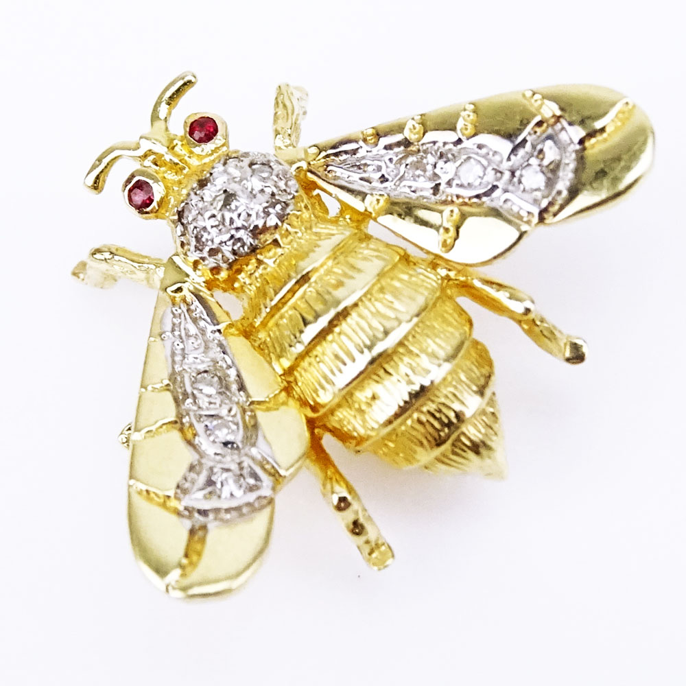 Small 14 Karat Yellow Gold Bee Brooch with Small Diamond and Ruby accents