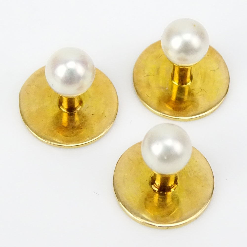 Vintage Sir John Bennett LTD, London Boxed Set of Three 14 Karat Yellow Gold and Pearl Shirt Studs