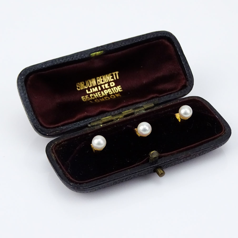 Vintage Sir John Bennett LTD, London Boxed Set of Three 14 Karat Yellow Gold and Pearl Shirt Studs