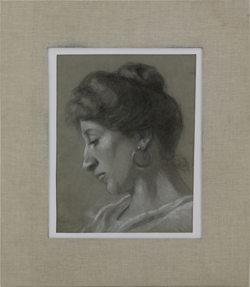 Early 20th Century Roman School Charcoal and White Pastel Two Sided Drawing. "Portrait Of A Lady and Young Boy"