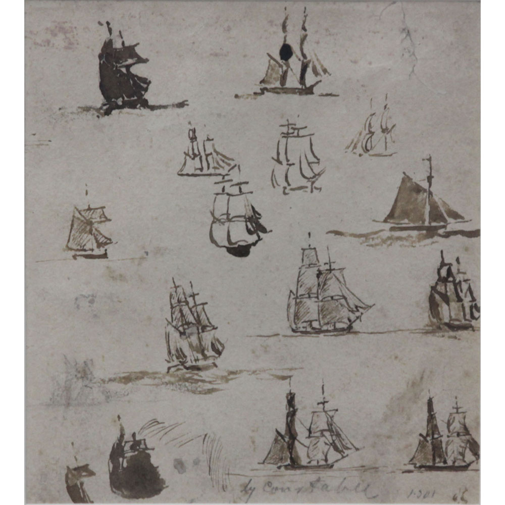 Attributed to: John Constable, English (1776-1837) Pen, Brown Wash, and Pencil Sketch Drawing of Ships on Paper. Pencil Signed in the Plate
