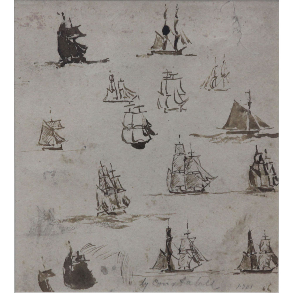 Attributed to: John Constable, English (1776-1837) Pen, Brown Wash, and Pencil Sketch Drawing of Ships on Paper. Pencil Signed in the Plate