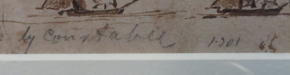 Attributed to: John Constable, English (1776-1837) Pen, Brown Wash, and Pencil Sketch Drawing of Ships on Paper. Pencil Signed in the Plate