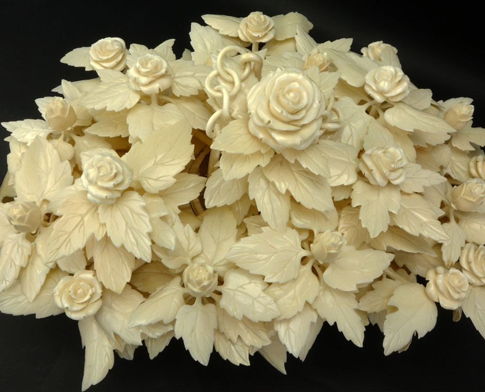 Large 20th Century Chinese Carved Bone Hanging Basket of Roses.