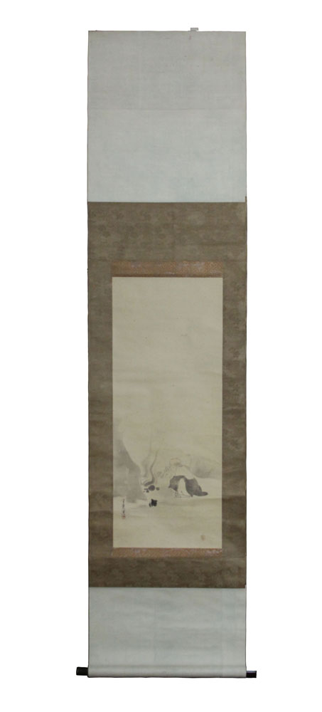 Vintage Japanese Watercolor Scroll Painting on Paper