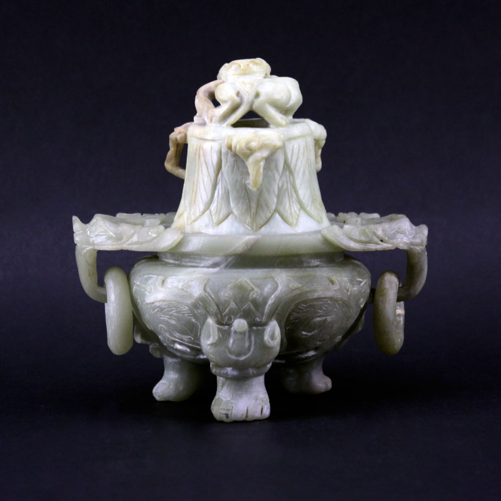 Vintage Chinese Jadeite Covered Censer with Dragon Handles and Foo Dog Finial