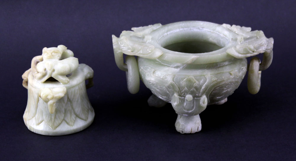 Vintage Chinese Jadeite Covered Censer with Dragon Handles and Foo Dog Finial