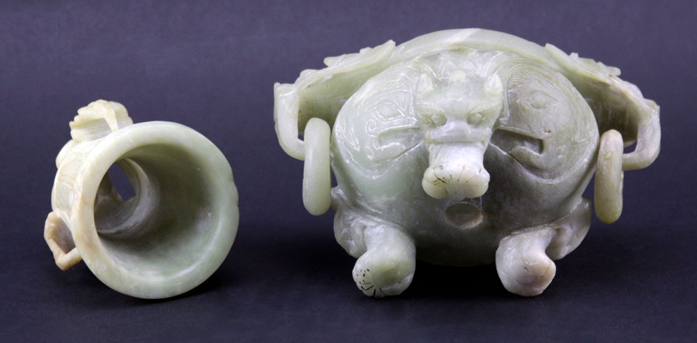 Vintage Chinese Jadeite Covered Censer with Dragon Handles and Foo Dog Finial