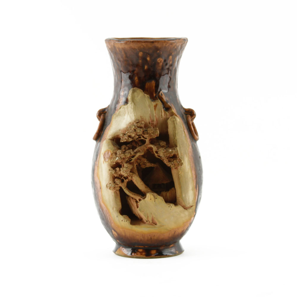 19/20th Century Oriental Glazed Pottery Vase with Carved Village and Mock Ring Handles