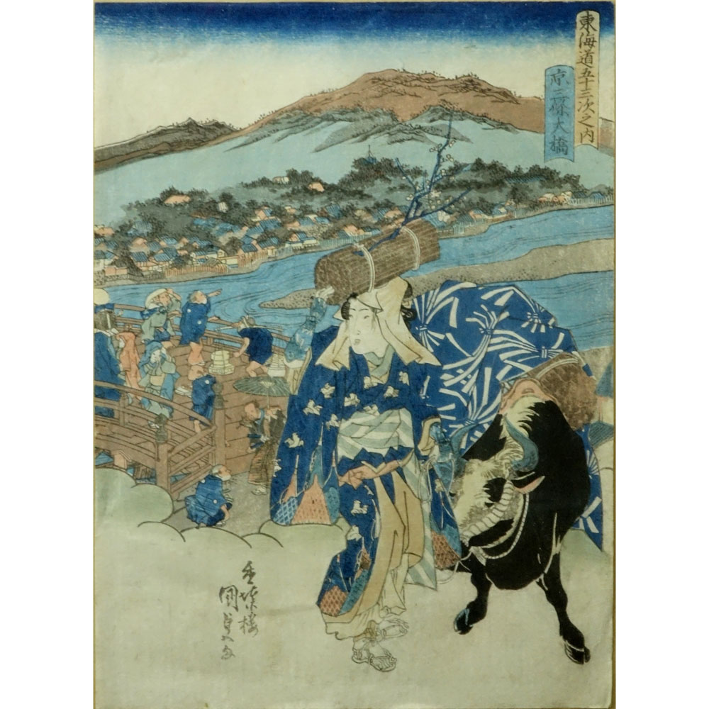 Utagawa Kunisada, Japanese (1786-1864) 19th Century color woodblock "Sketches At Kyoto And Sanjyo Bridge" 