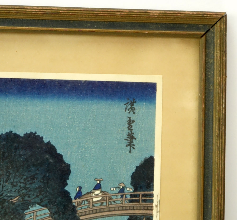 Antique Japanese Color Woodblock Print "Crossing The High Bridge"