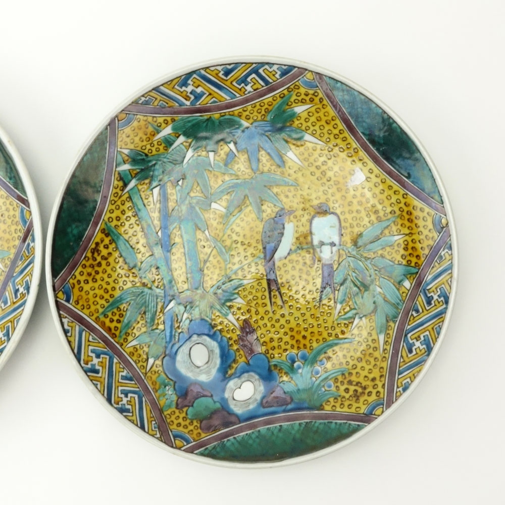 Pair of Japanese Kutani Porcelain Plates With Bird and Bamboo Motif, Possibly Edo Period