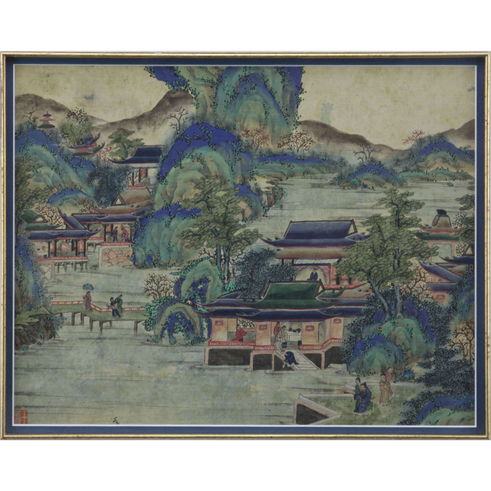 19th Century Chinese Ming Style Village Scene Painting on Silk