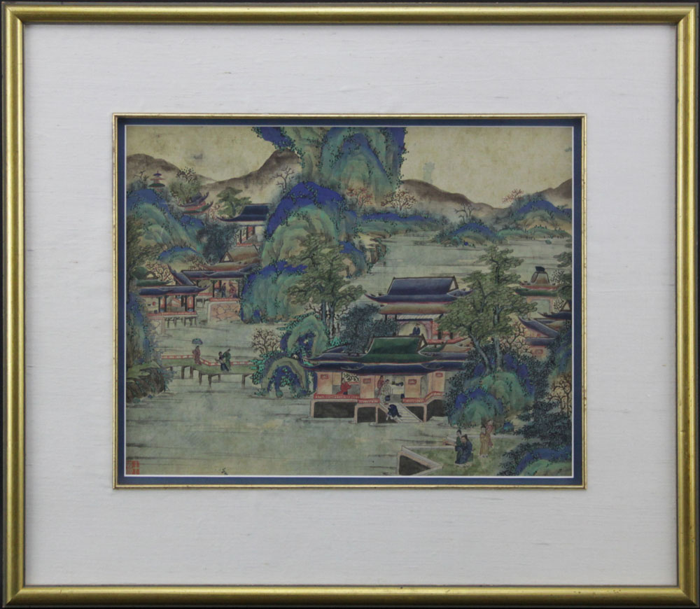 19th Century Chinese Ming Style Village Scene Painting on Silk