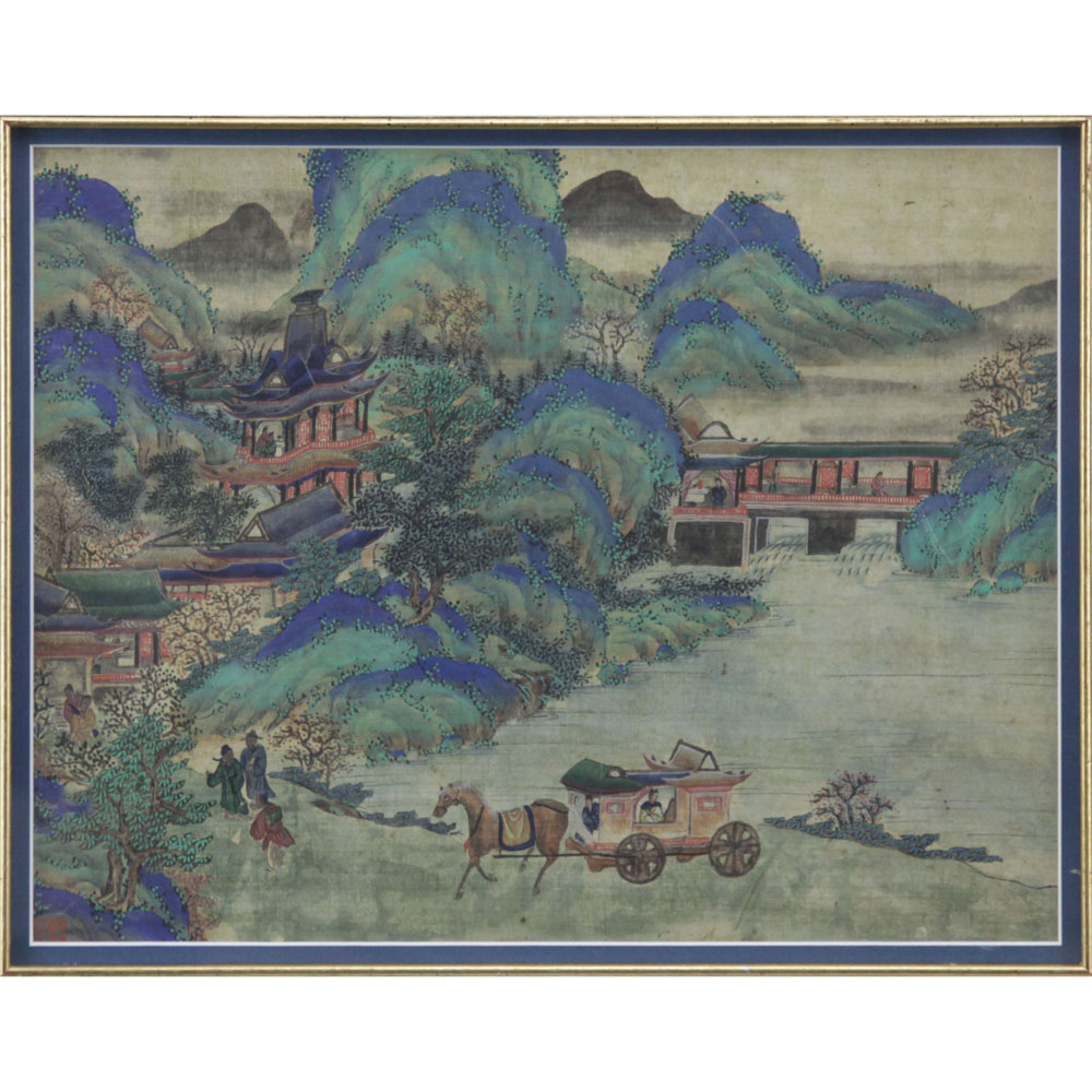 19th Century Chinese Ming Style Village Scene Painting on Silk