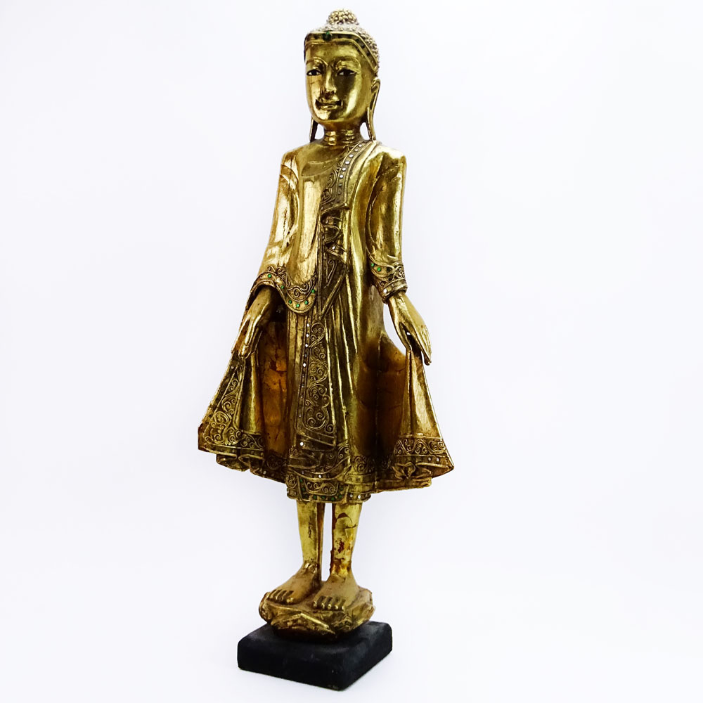 Modern Decorative Thai Carved Gilt and Jeweled Buddha Figure