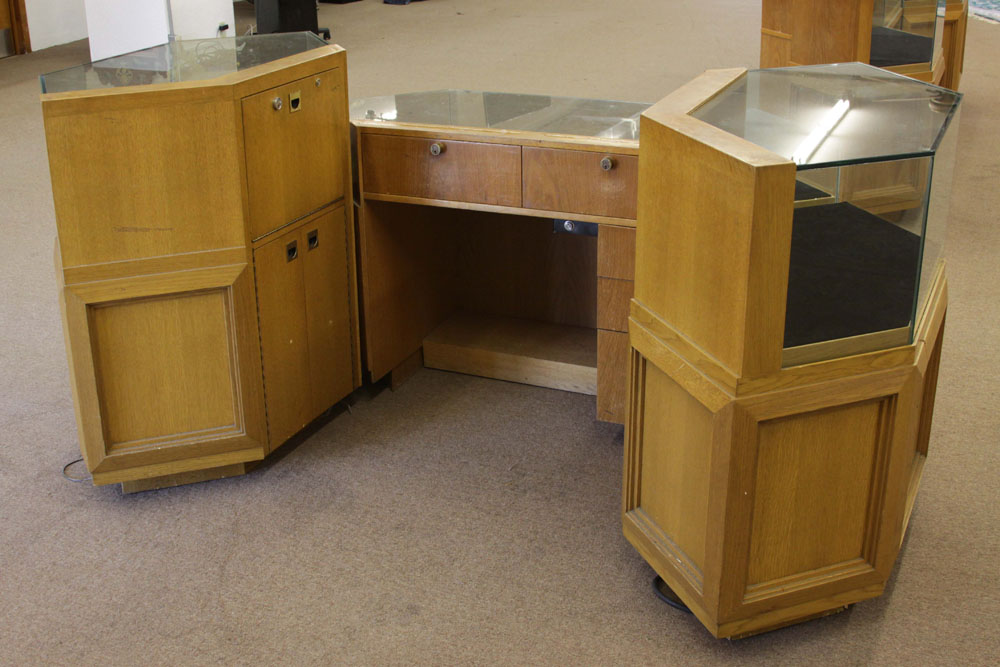 Vintage Three Part Oak and Glass Locking and Lighted  Display Cabinet/Showcase with Storage