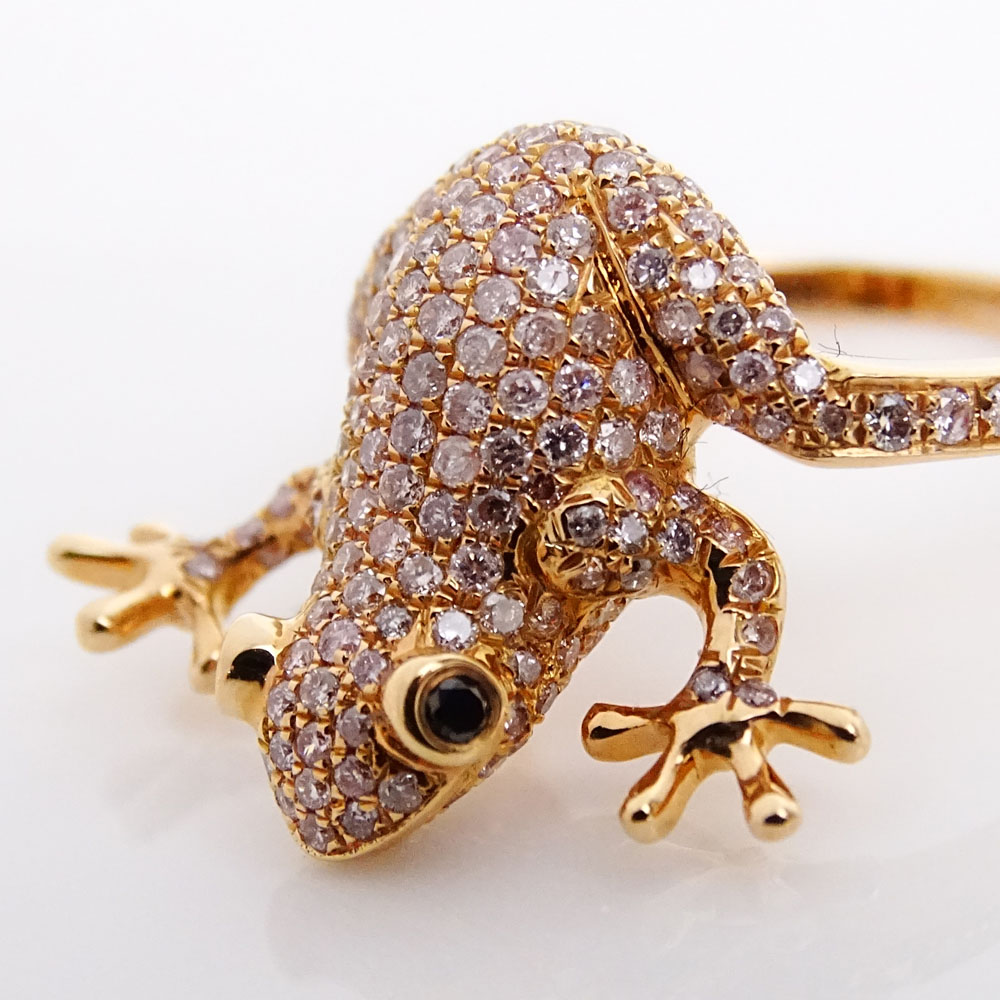 1.01 Carat Natural Pink Diamond and 18 Karat Rose Gold Frog Ring with Black Diamond Eyes