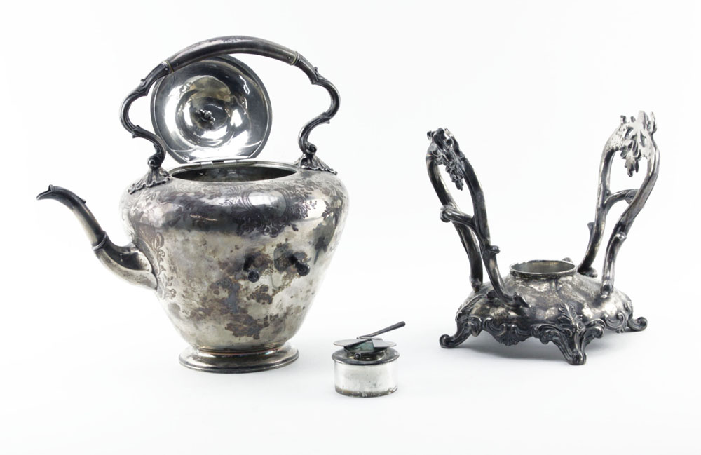 19th Century London England Sterling Silver Hot Water Bottle Kettle on Stand and Burner
