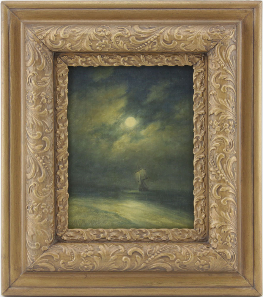 19th Century Russian Oil on canvas laid on board or on canvas board. "Ship On Moonlit Sea" 