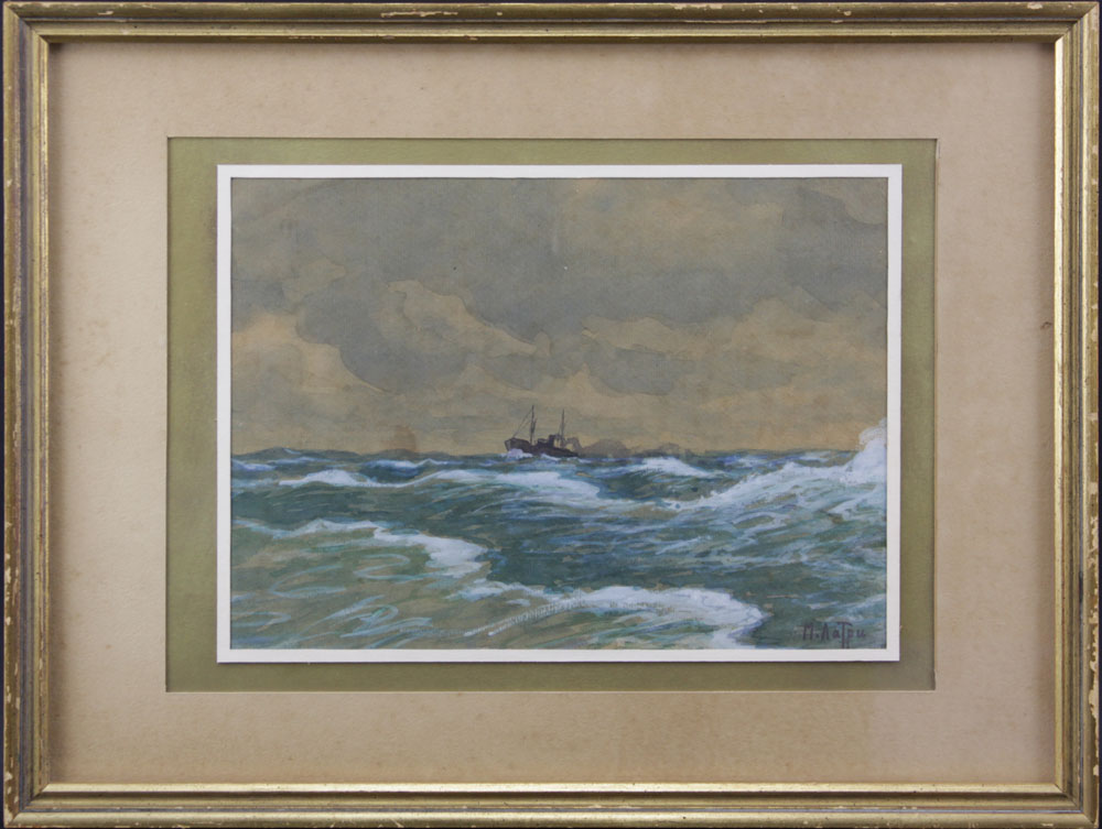 Early 20th Century Russian Watercolor and Gouache on Paper "Ship In Choppy Seas" 