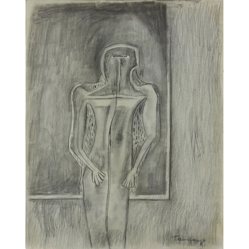 Attributed to: Rufino Tamayo, Mexican (1899 -1991) Charcoal on paper "Figure In A Room" 