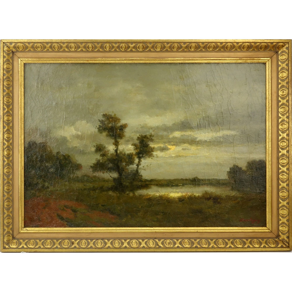 19th Century Barbizon School Oil on Canvas, Moonlit Landscape