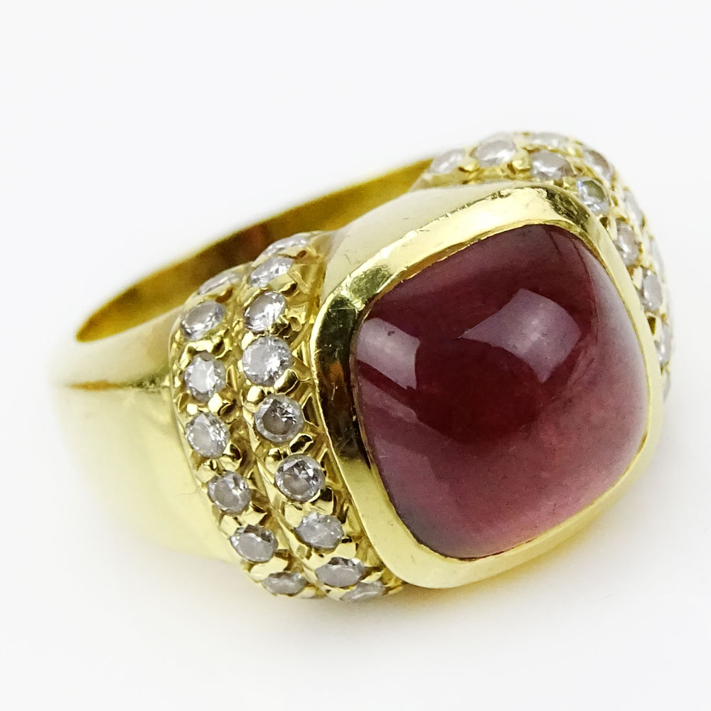 Vintage Cushion Cut Rhodolite, .80 Carat Pave Set Round Cut Diamond and 18 Karat Yellow Gold Ring