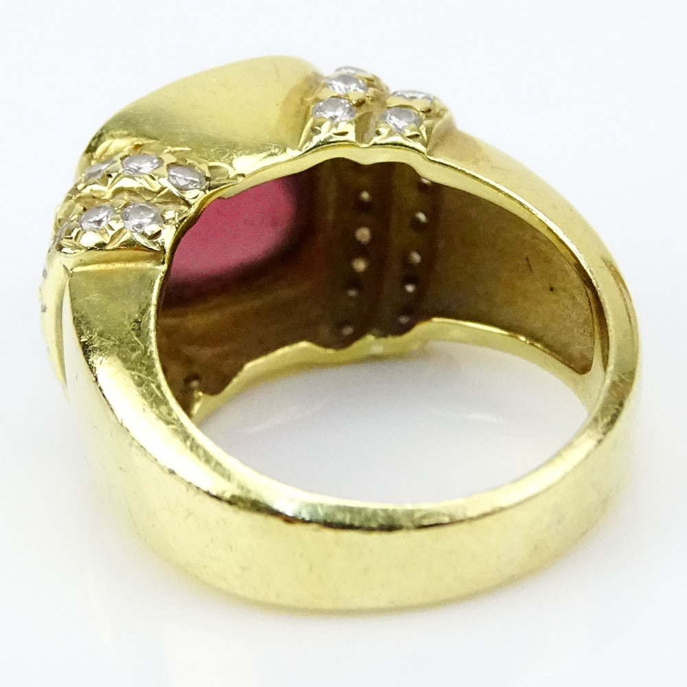 Vintage Cushion Cut Rhodolite, .80 Carat Pave Set Round Cut Diamond and 18 Karat Yellow Gold Ring