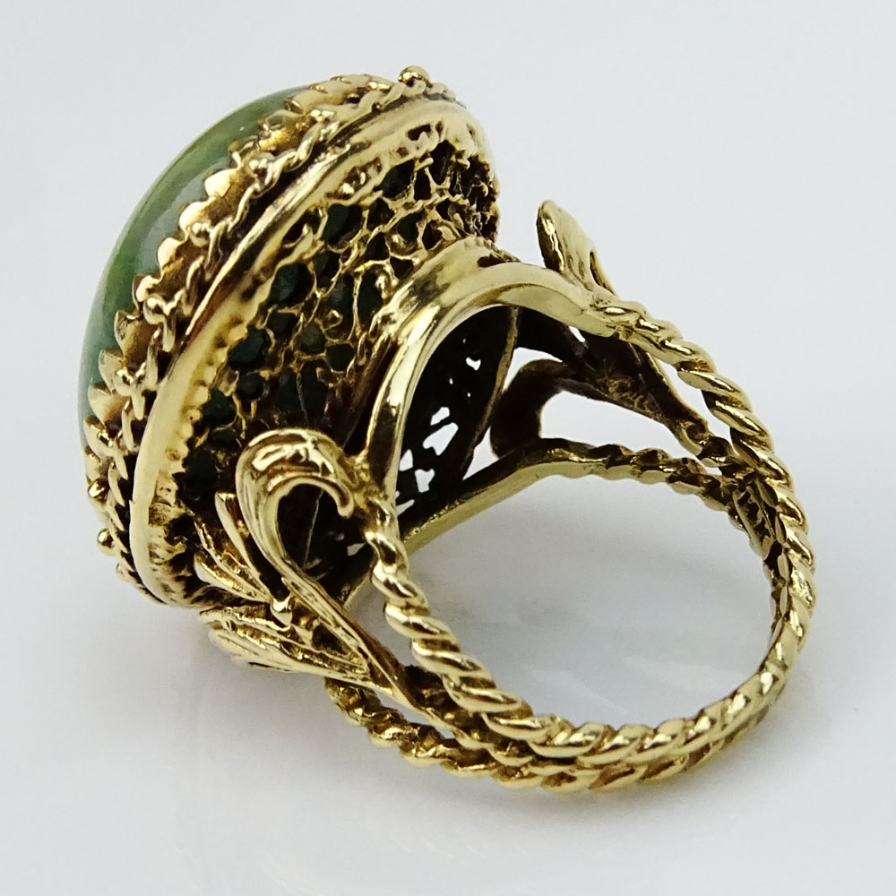 Vintage Cabochon Green Jade and Filigree 14 Karat Yellow Gold Ring.