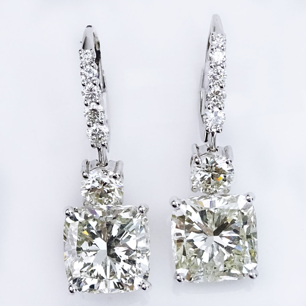 Stunning Pair of Approx. 10.85 Carat Cushion Cut Diamond and 18 Karat White Gold Pendant Earrings