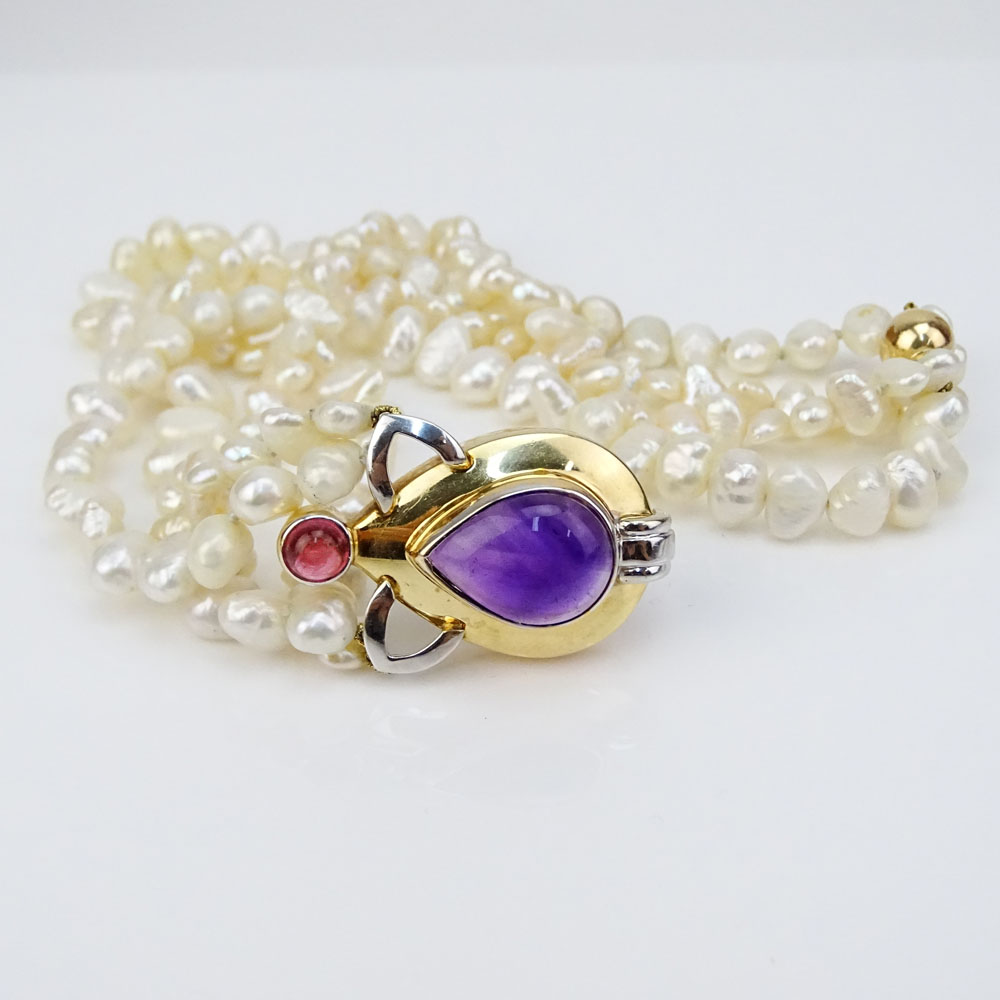 Vintage Double Strand Baroque Pearl Necklace with 14 Karat Yellow Gold, Cabochon Amethyst and Cabochon Tourmaline Pendant