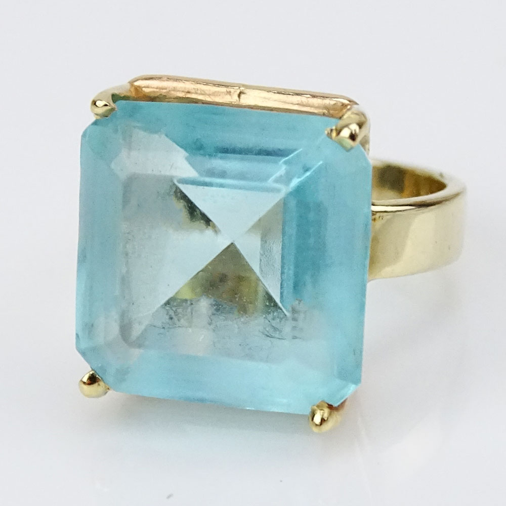 Vintage Square Cut Blue Topaz and 14 Karat Yellow Gold Ring