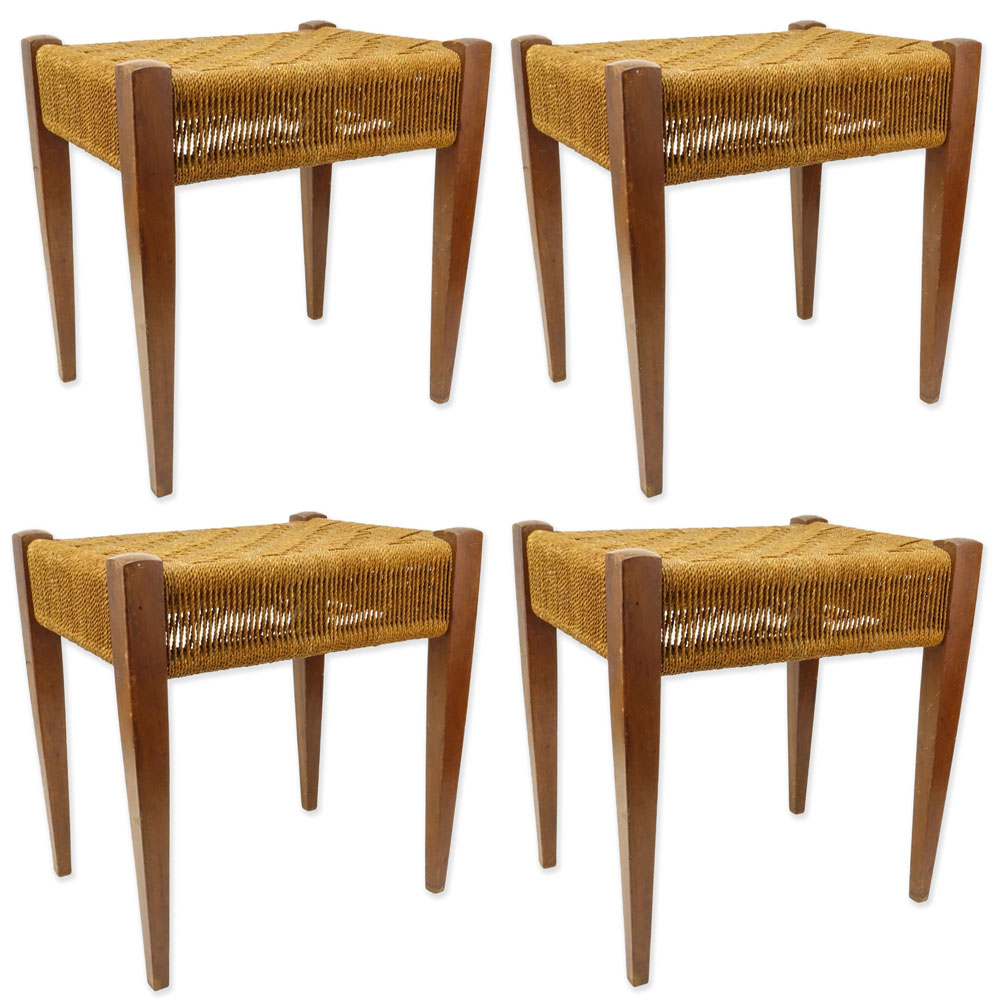 Four (4) Mid Century Danish Modern Woven Rope and Wood Stools