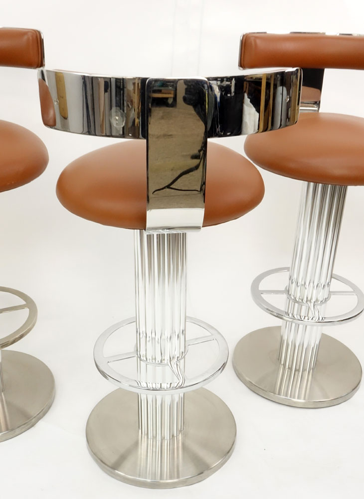 Four Circa 1980s Leisure Design, Mount Kisco, NY Bright and Matte Chromed Steel Barstools