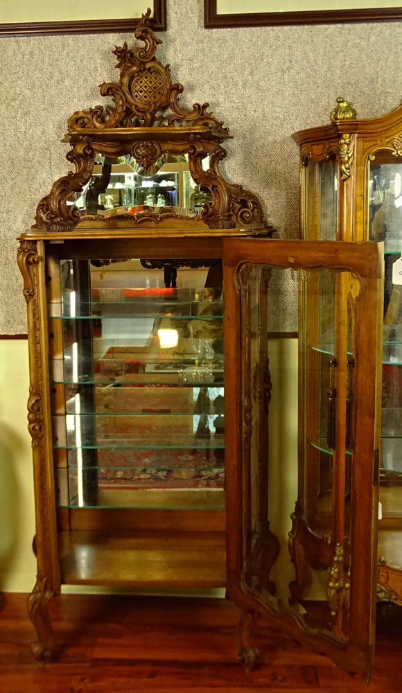 French Style Heavily Carved Beveled Glass Curio Cabinet with Mirrored Top Backsplash