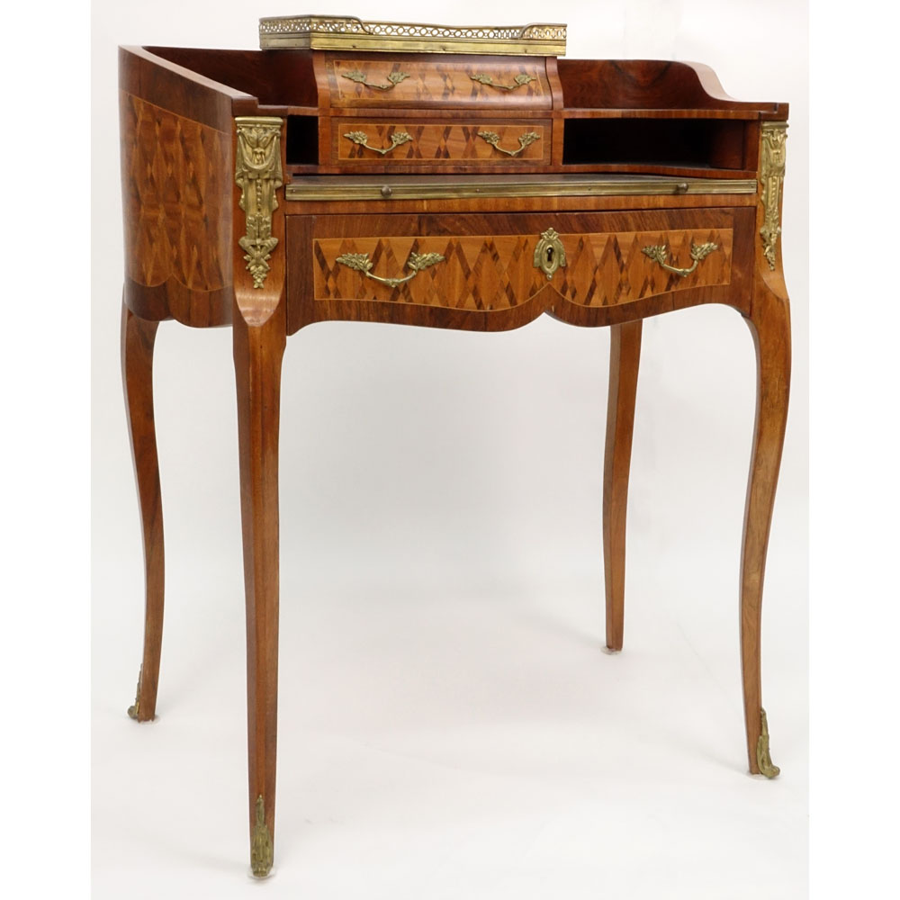 Antique French Bronze Mounted Rosewood Marquetry Inlay 3 Drawer Leather Top Kidney Shaped Writing Desk