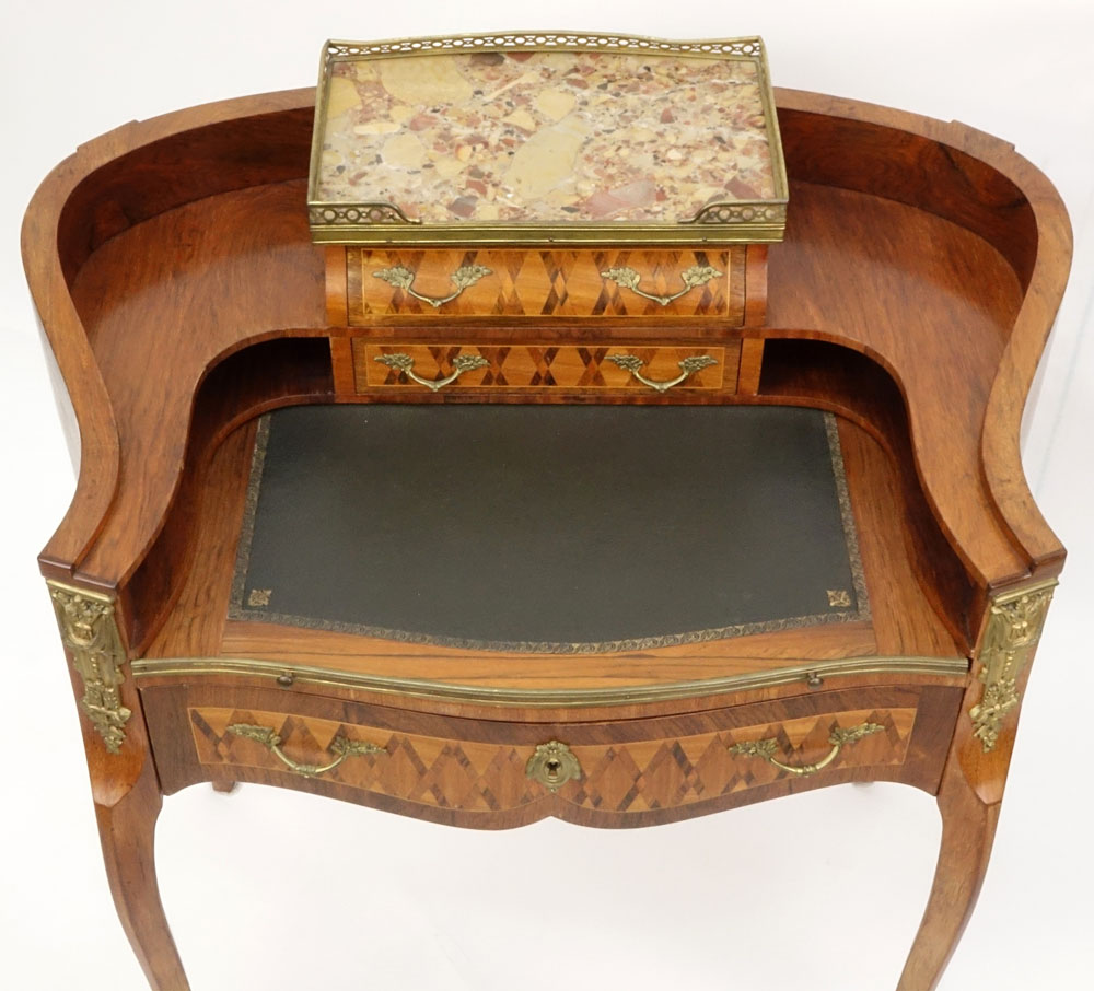 Antique French Bronze Mounted Rosewood Marquetry Inlay 3 Drawer Leather Top Kidney Shaped Writing Desk