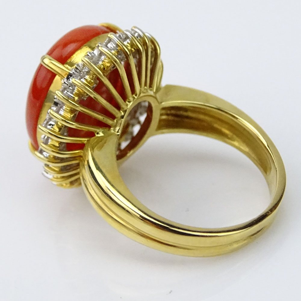 Vintage Cabochon Red Coral, .59 Carat Round Brilliant Cut Diamond and 18 Karat Yellow Gold Ring