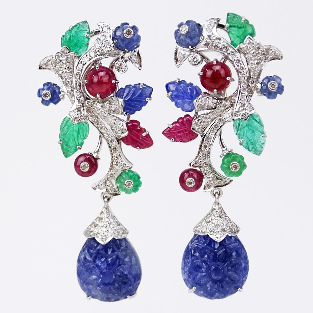 Cartier style Approx. 73.50 Carat Emerald, Ruby and Sapphire, 2.40 Carat Diamond and 18 Karat White Gold Tutti Frutti Earrings