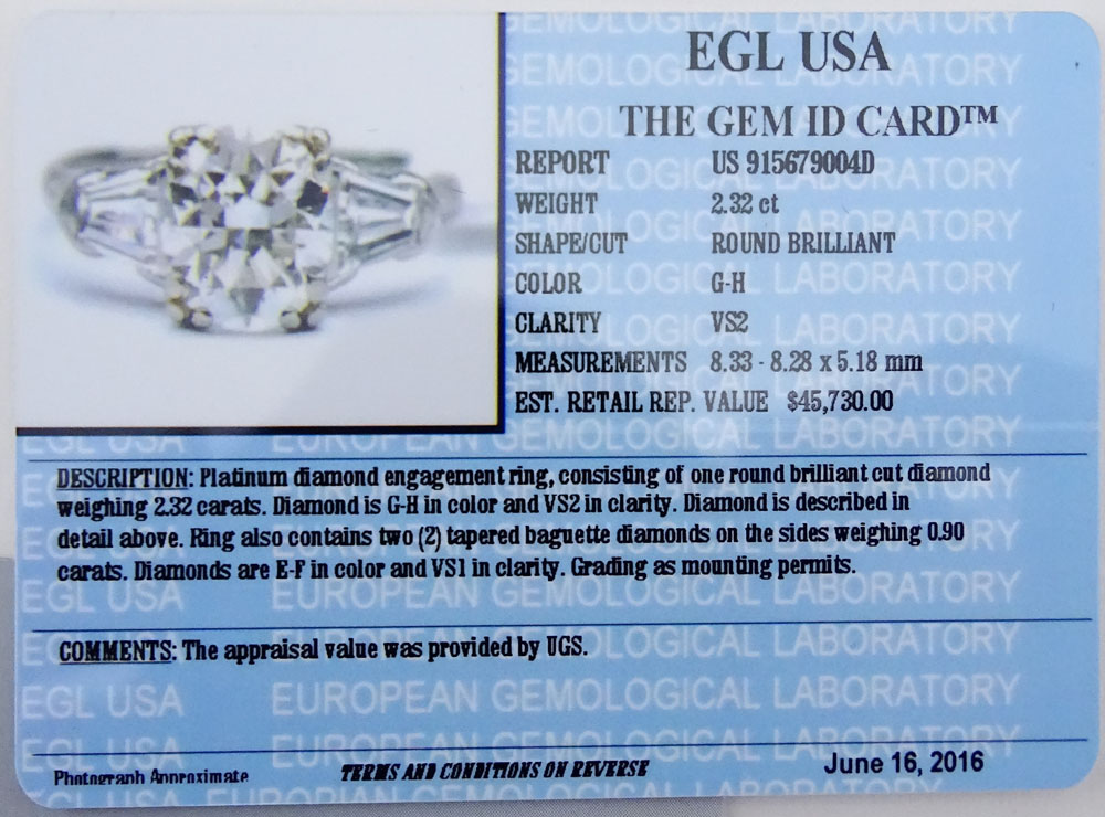 EGL Certified 2.32 Carat Round Brilliant Cut Diamond and Platinum Engagement Ring