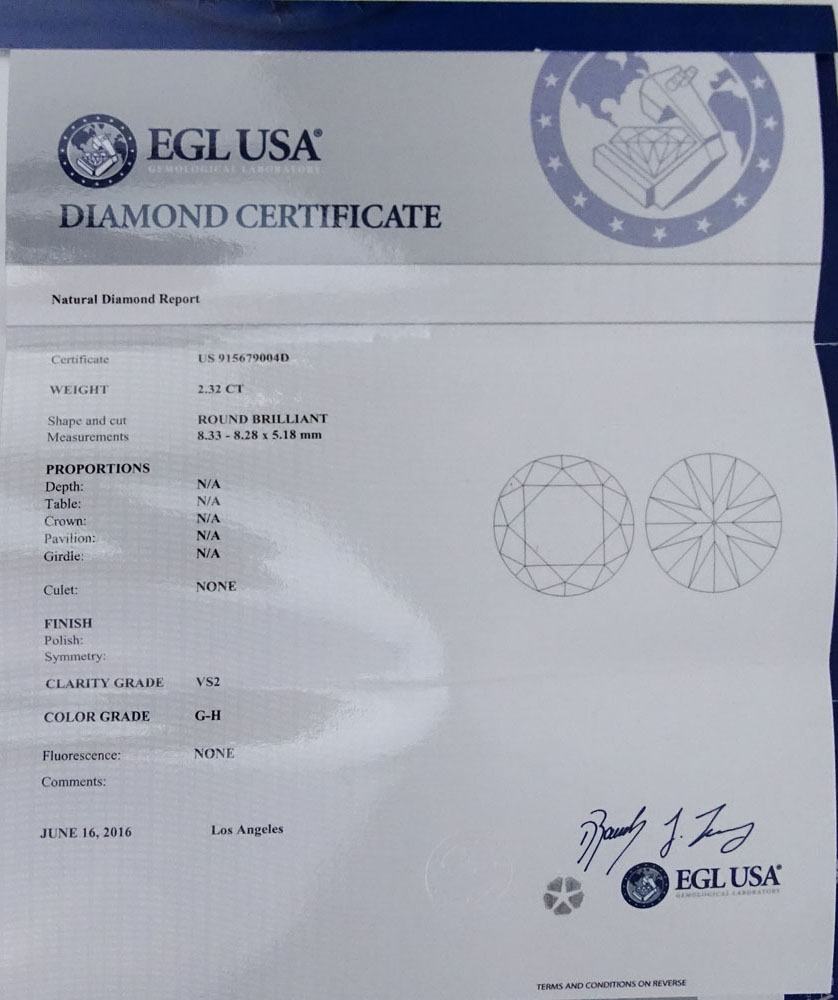 EGL Certified 2.32 Carat Round Brilliant Cut Diamond and Platinum Engagement Ring