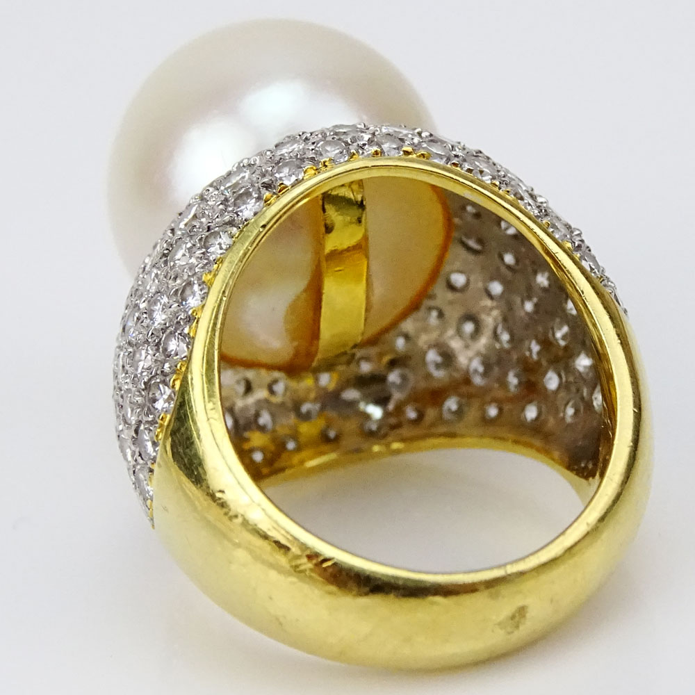 Large 17mm South Sea Pearl, Approx. 3.85 Carat Round Brilliant Cut Diamond and 18 Karat Yellow Gold Ring