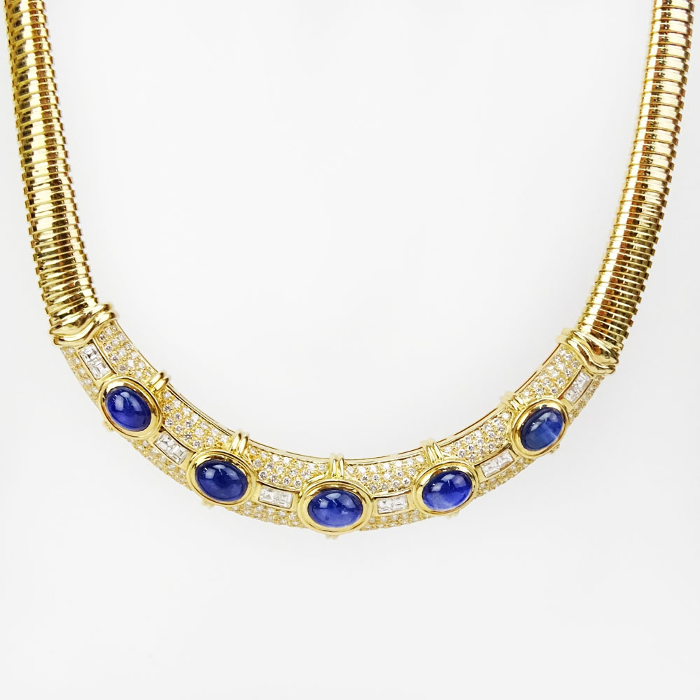 Approx. 26.0 Carat Cabochon Sapphire, 7.50 Carat Diamond and 18 Karat Yellow Gold Necklace