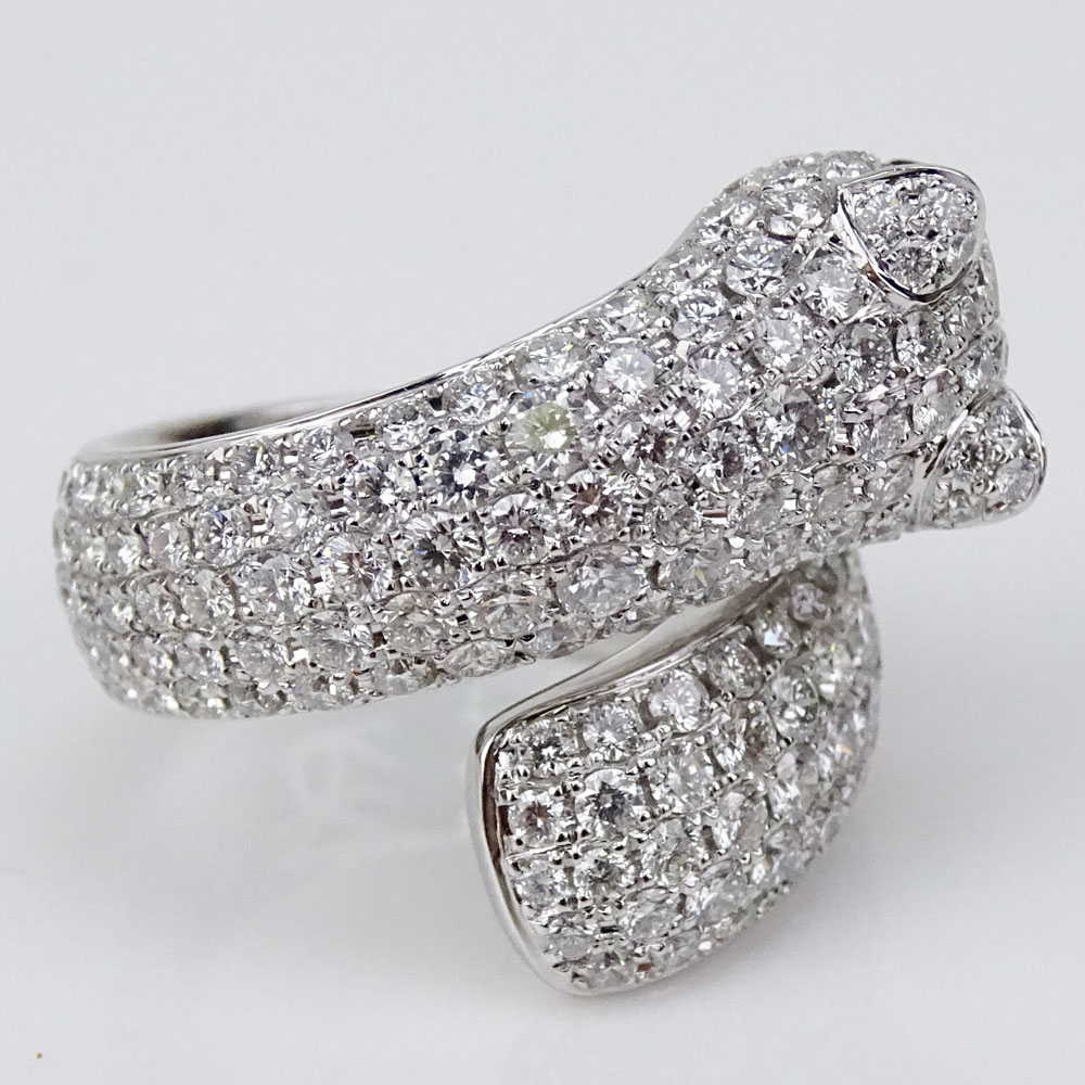 Cartier style Approx. 6.0 Carat Pave Set Round Brilliant Cut Diamond and 18 Karat White Gold Panther Ring