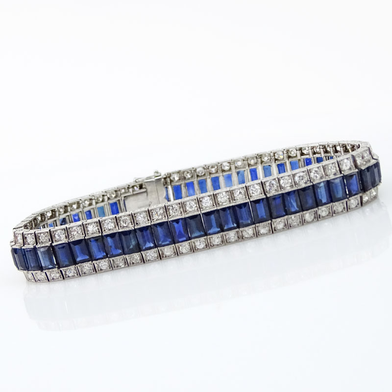 Art Deco Approx. 21.0 Carat Baguette Cut Sapphire, 6.50 Carat Round Cut Diamond and Platinum Bracelet