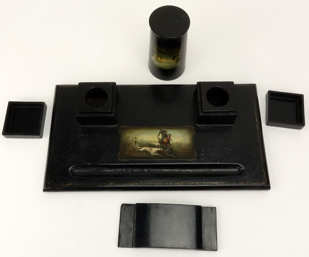 Late 19th Century Russian, Lukutin Factory, Moscow Lacquer Papier Mache Desk Set Including Inkstand, Blotter and Pen Cup in the "Huntsman" Pattern