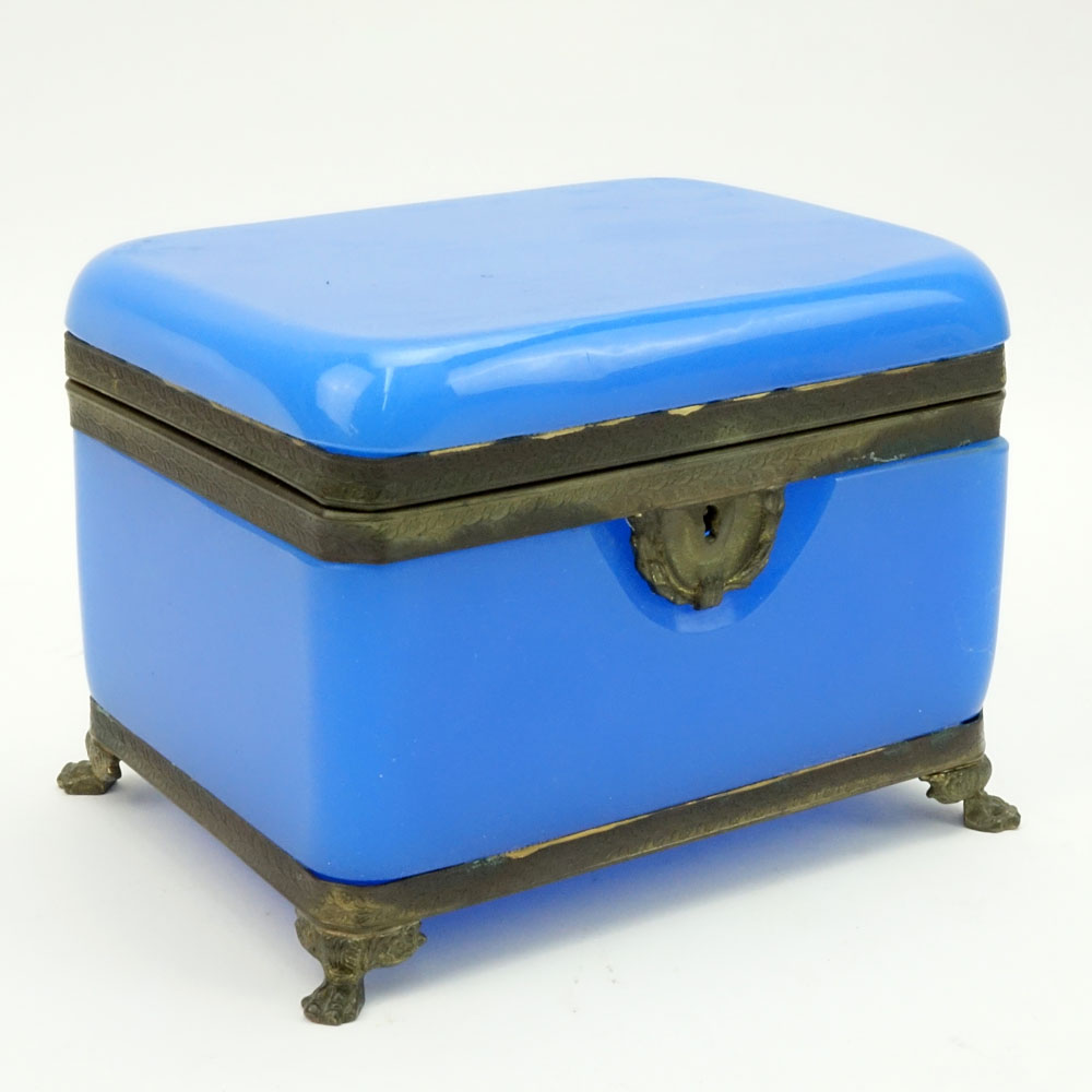 Large Antique Blue Opaline Glass Dresser Box. Brass hardware and footed.